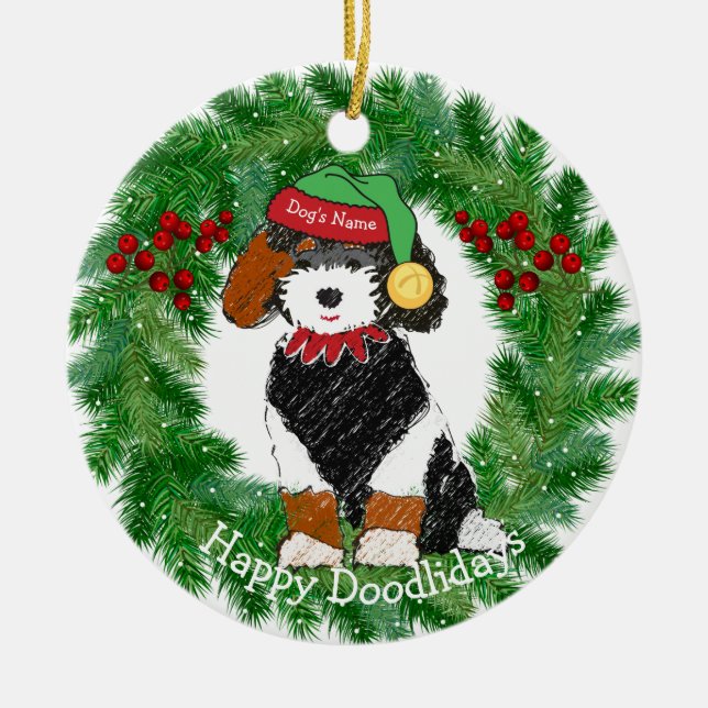 Personalized Bernedoodle Christmas Elf Ceramic Ornament (Front)
