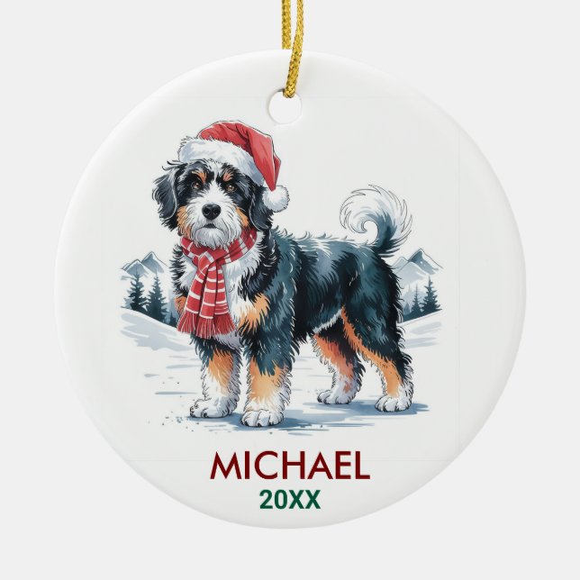 Personalized Bernedoodle Dog Christmas Ceramic Ornament (Front)