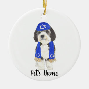Personalized Bernedoodle Yarmulke Hanukkah Blue Ceramic Ornament