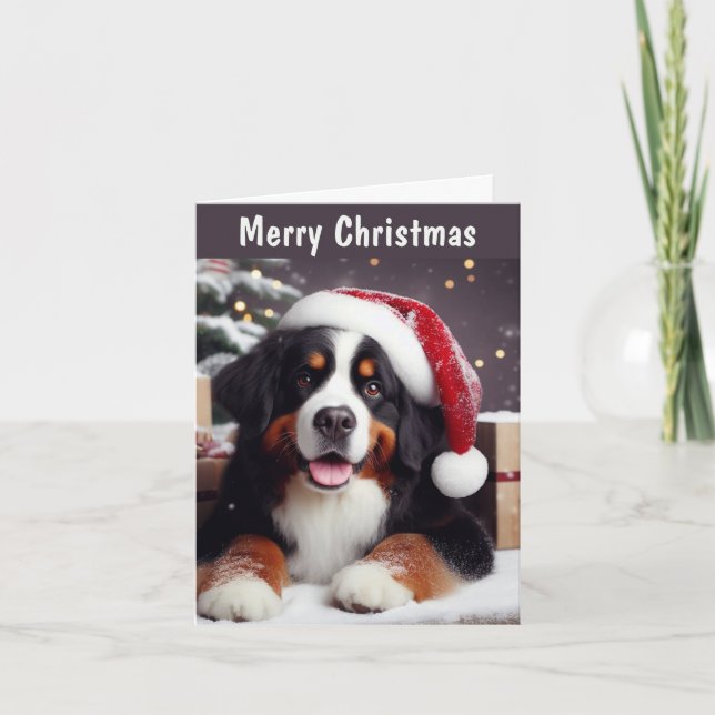Personalized Bernese Dog Santa Hat Merry Christmas Holiday Card (Front)