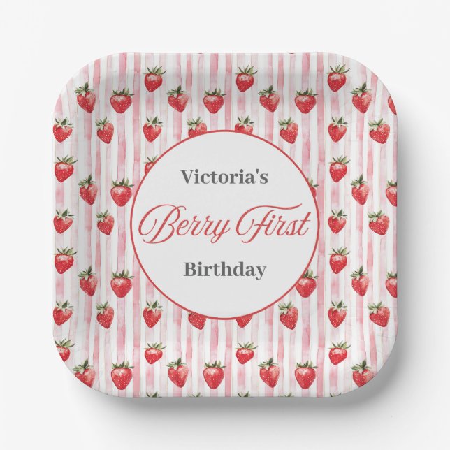 Personalized 'Berry First' Birthday Square Plates (Front)