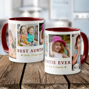 Personalized Best Auntie Ever 4 Photo Maroon Gold Mug