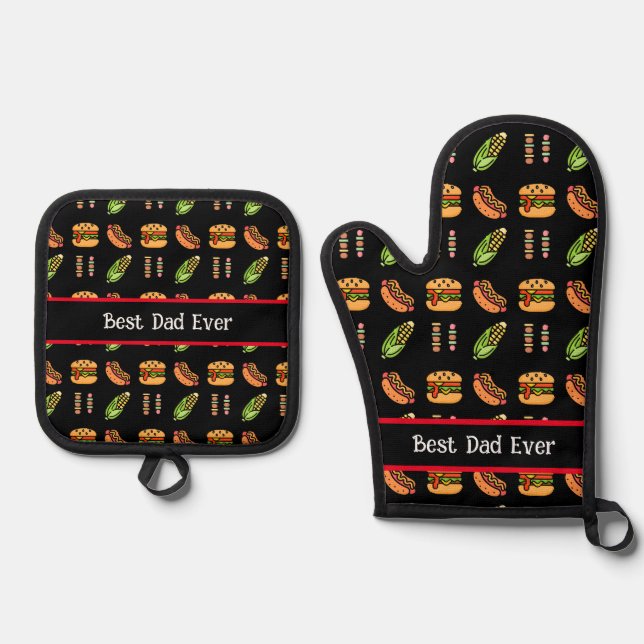 Personalized Best Dad Ever Cute Barbecue Foods Oven Mitt & Pot Holder Set (Front)