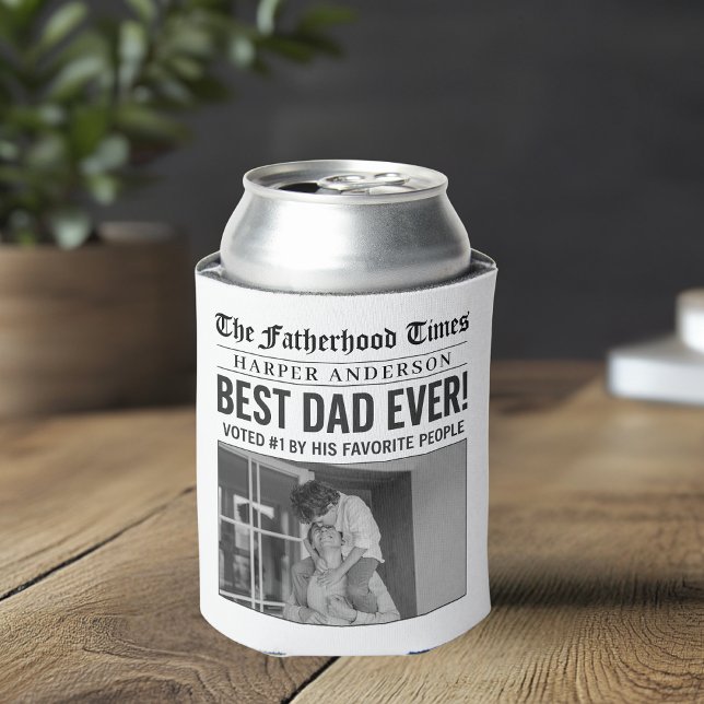 Personalized Best Dad Ever Newspaper Photo Can Cooler (Creator Uploaded)