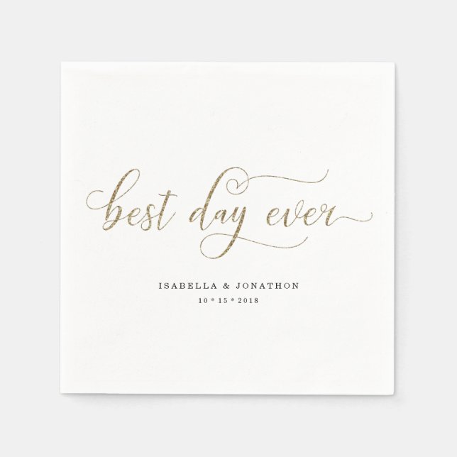 Personalized Best Day Ever Gold Glitter Wedding Napkin (Front)