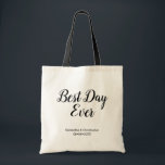 Personalized Best Day Ever Wedding Tote Bag<br><div class="desc">Celebrate your special day with our Personalized Best Day Ever Wedding Tote Bag, a delightful and practical souvenir for your guests. Featuring the phrase "Best Day Ever" in a beautiful, simple script, this tote bag is personalized with your names and wedding date, making it a unique keepsake that commemorates your...</div>