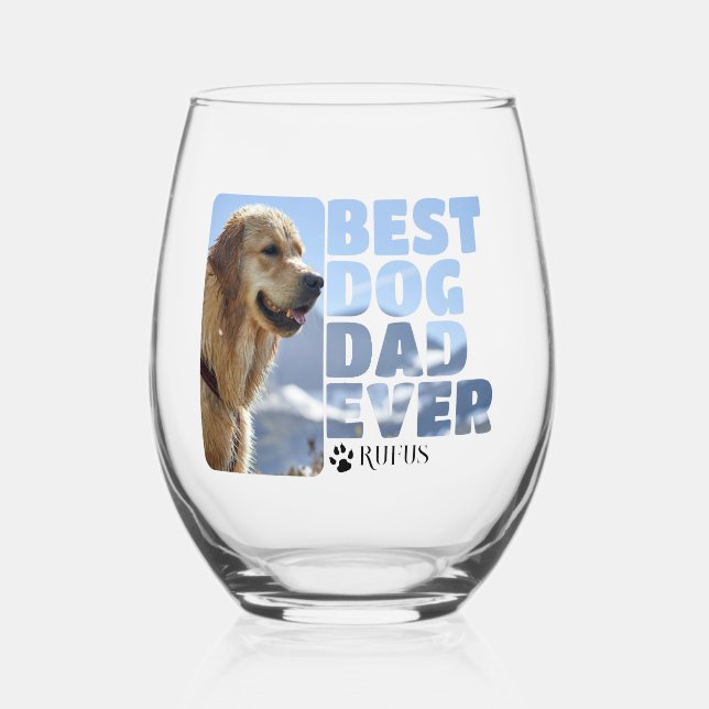 Personalized best dog dad ever stemless wine glass (Front)