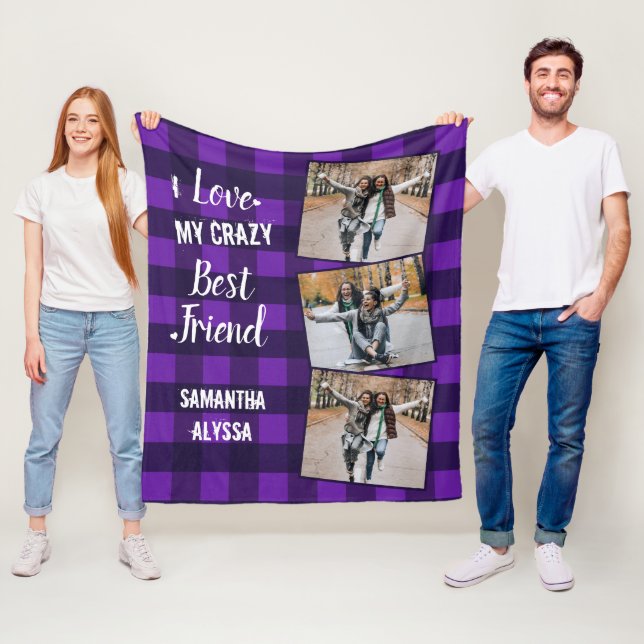 Personalized Best Friend Chic Purple Plaid 3 Photo Fleece Blanket (In Situ)