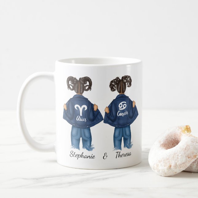 Personalized Best Friends Aries Cancer Girl Jean Coffee Mug (With Donut)