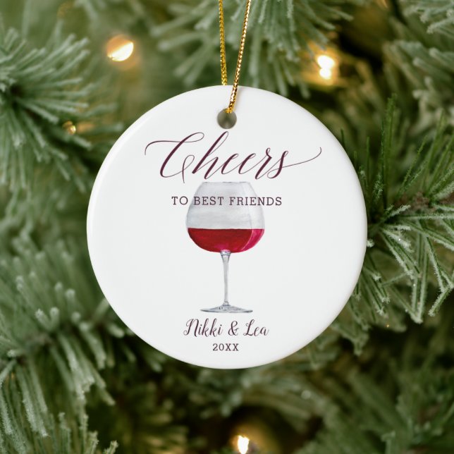 Personalized Best Friends Cheers Wine Christmas Ceramic Ornament (Tree)