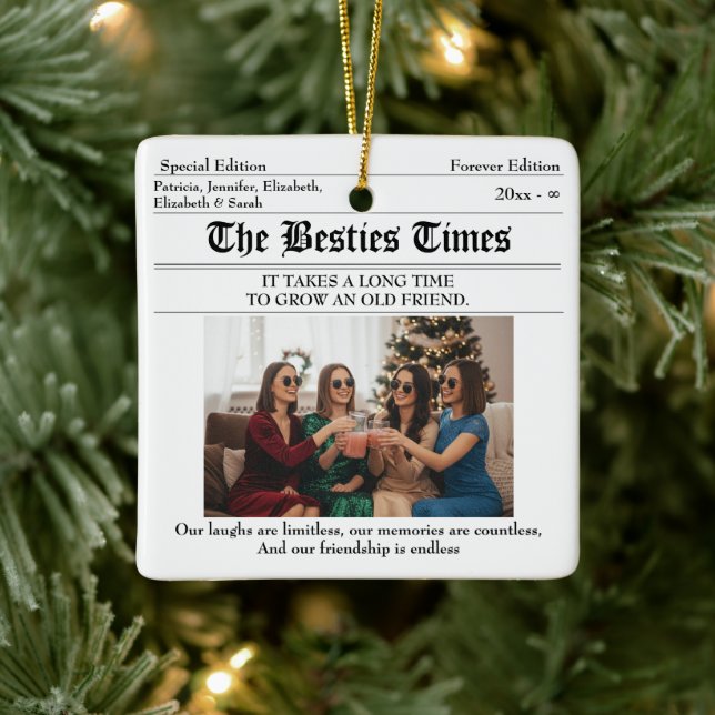 Personalized Best Friends Newspaper 2 Photo Ceramic Ornament (Tree)