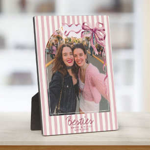 Personalized Best Friends Photo Pink Stripes Bow Plaque