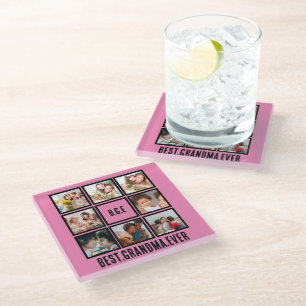 Personalized Best Grandma Ever 8 Photo Collage Glass Coaster