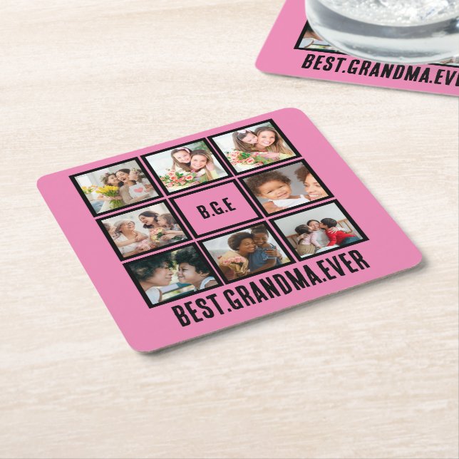 Personalized Best Grandma Ever 8 Photo Collage Square Paper Coaster (Angled)