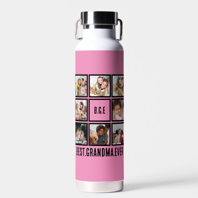Personalized Best Grandma Ever 8 Photo Collage Water Bottle (Front)