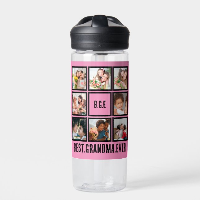 Personalized Best Grandma Ever 8 Photo Collage Water Bottle (Front)