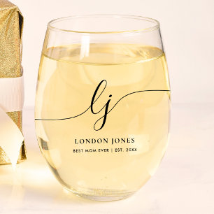 Personalized Best Mom Ever Script Monogram Initial Stemless Wine Glass