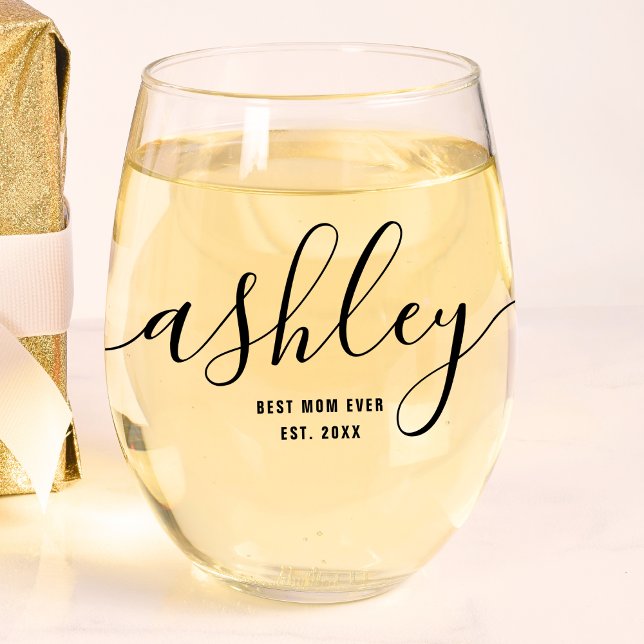 Personalized Best Mom Ever Script Monogram Name Stemless Wine Glass (Creator Uploaded)