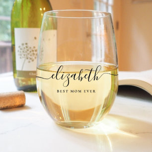 Personalized Best Mom Ever Script Monogram  Stemless Wine Glass