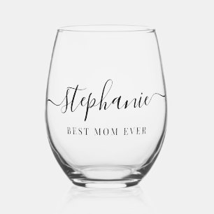 Personalized Best Mom Ever Script Monogram Stemless Wine Glass