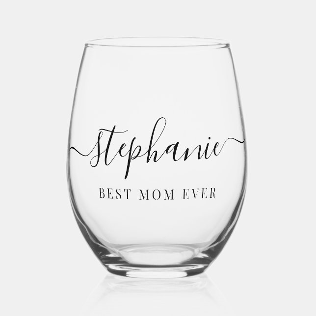 Personalized Best Mom Ever Script Monogram Stemless Wine Glass (Front)