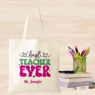 Personalized Best Teacher Ever pink green script  Tote Bag