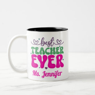 Personalized Best Teacher Ever pink green script  Two-Tone Coffee Mug