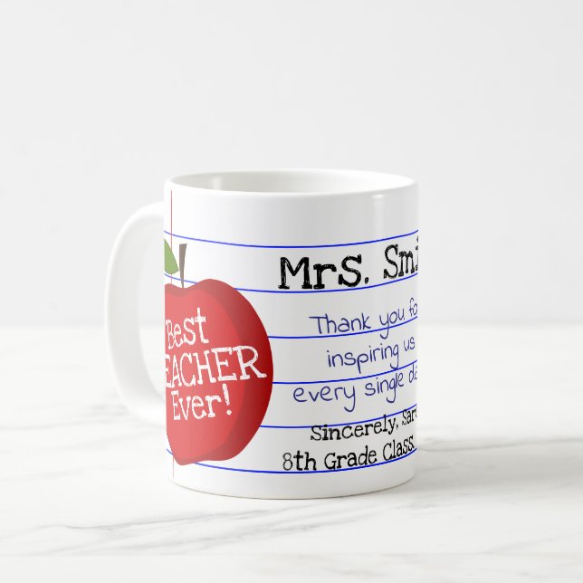 Personalized "Best Teacher Ever" w/ Custom Note Coffee Mug (Front Left)