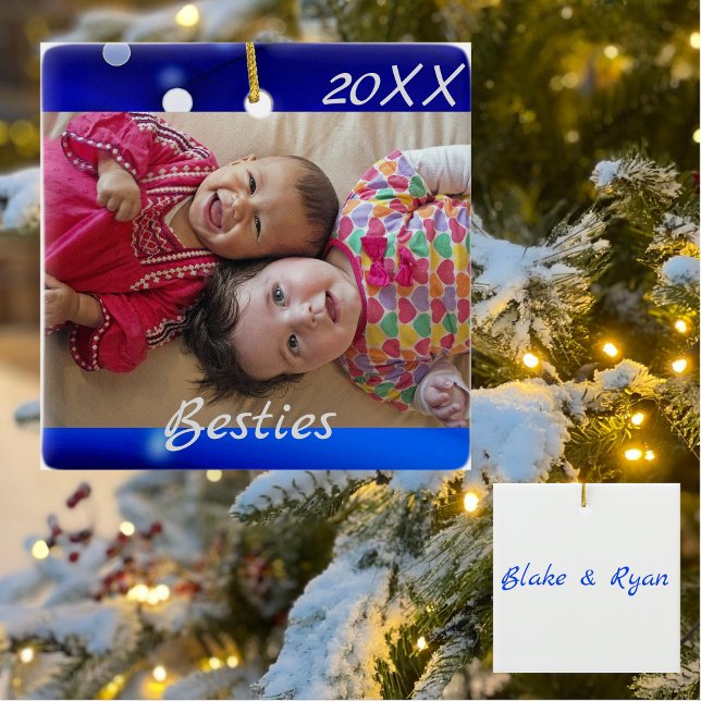 Personalized 'Besties' Blue Holiday Ceramic Ornament (Creator Uploaded)