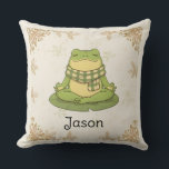 Personalized BG 5 Zochi Meditates Throw Pillow<br><div class="desc">Customize this pillow with a personalized name. The front background design a soft cream centre with subtle leaf accents, framed by intricate golden-brown leaf and swirl patterns in each corner, creating a refined and natural aesthetic. The background design is a a creamy centre featuring faded leaf motifs, bordered by intricate...</div>