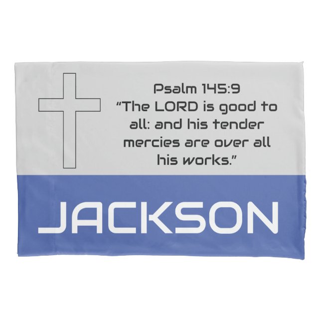 Personalized Bible Verse Blue Grey Boys Pillowcase (Front)