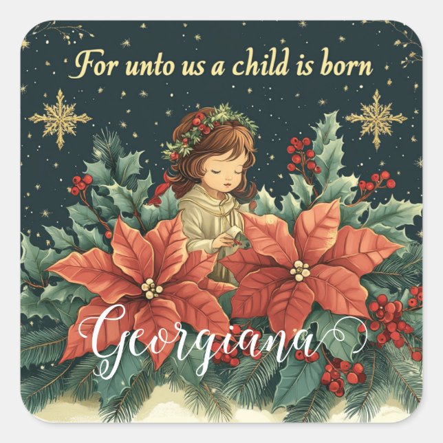 Personalized Biblical Nativity Child & Verse Square Sticker (Front)