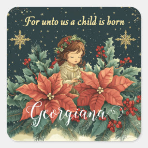 Personalized Biblical Nativity Child & Verse Square Sticker
