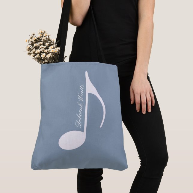 Personalized Big Musical Note on Dusty Blue Tote Bag (Close Up)