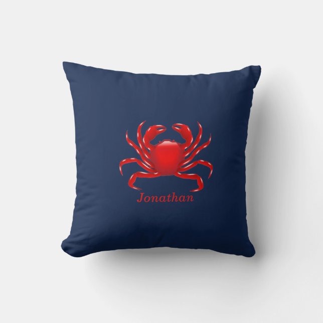 Personalized Big Red Crab Blue Throw Pillow (Front)