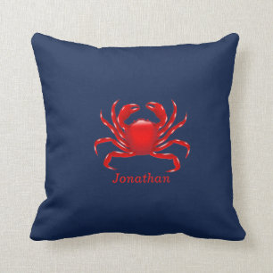Personalized Big Red Crab Blue Throw Pillow