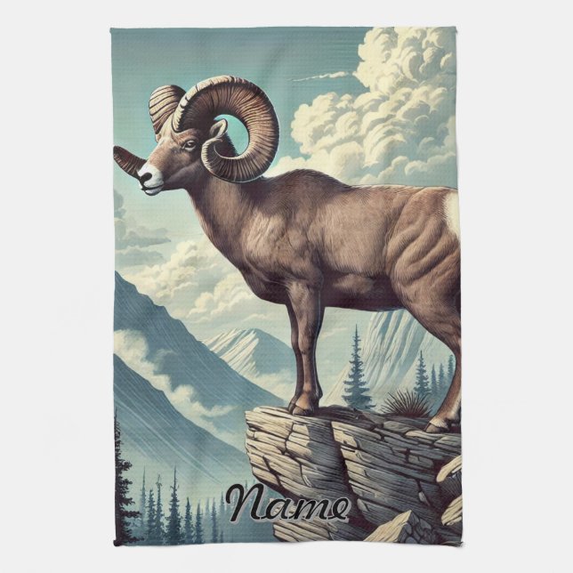 Personalized Bighorn Sheep on a Rocky Outcrop Kitchen Towel (Vertical)