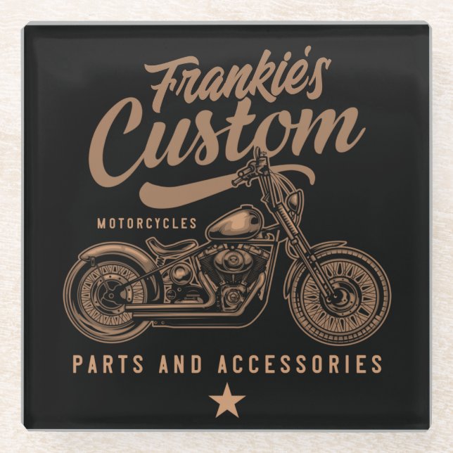 Personalized Biker Custom Bobber Motorcycle Garage Glass Coaster (Front)