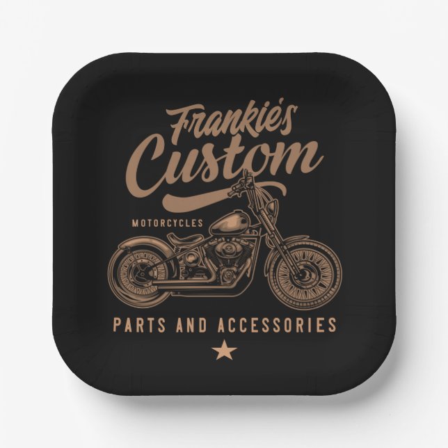 Personalized Biker Custom Bobber Motorcycle Garage Paper Plate (Front)