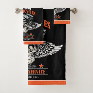Personalized Biker Flying Skull Motorcycle Shop  Bath Towel Set