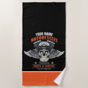 Personalized Biker Flying Skull Motorcycle Shop Beach Towel