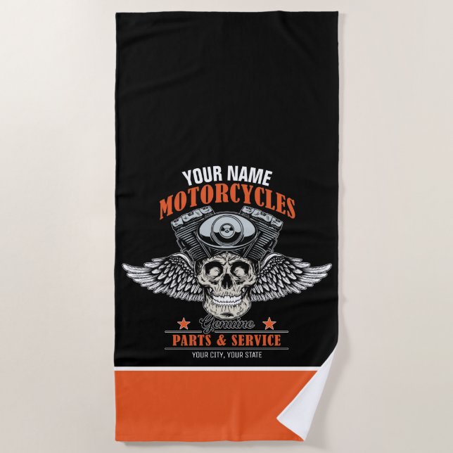 Personalized Biker Flying Skull Motorcycle Shop  Beach Towel (Front)