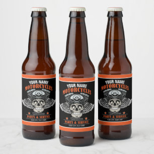 Personalized Biker Flying Skull Motorcycle Shop Beer Bottle Label
