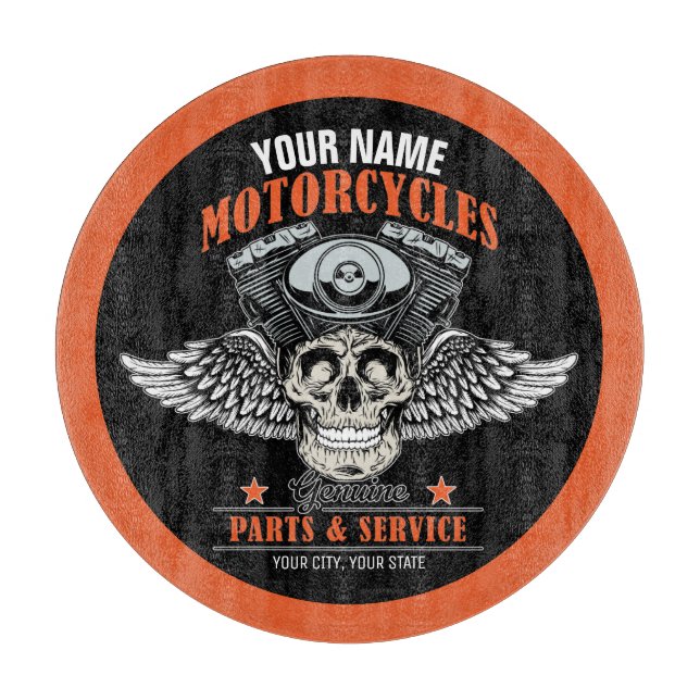 Personalized Biker Flying Skull Motorcycle Shop  Cutting Board (Front)