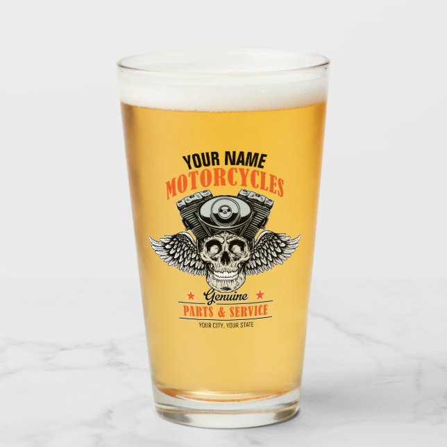 Personalized Biker Flying Skull Motorcycle Shop  Glass (Front Filled)