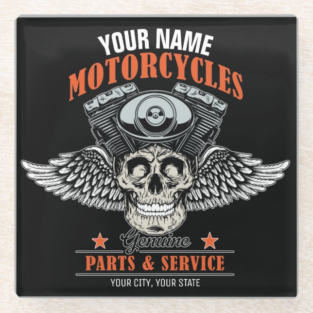 Personalized Biker Flying Skull Motorcycle Shop  Glass Coaster (Front)