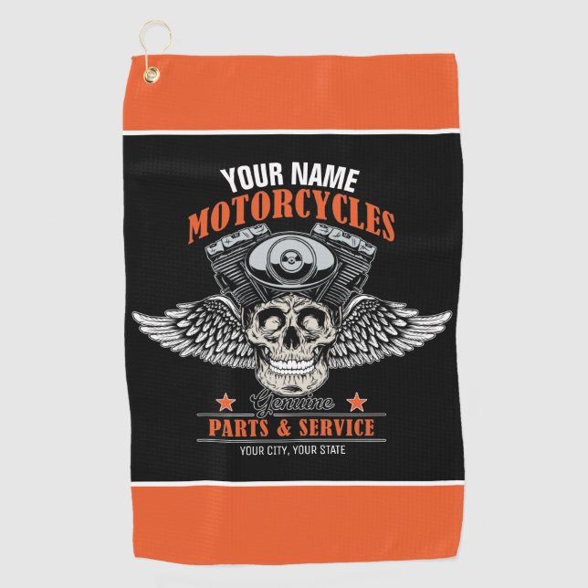 Personalized Biker Flying Skull Motorcycle Shop  Golf Towel (Front)