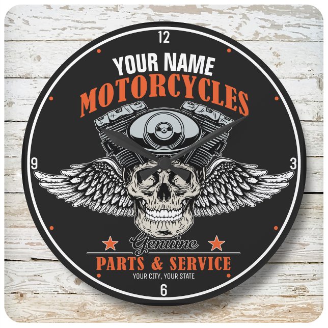 Personalized Biker Flying Skull Motorcycle Shop Large Clock (Creator Uploaded)