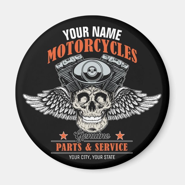 Personalized Biker Flying Skull Motorcycle Shop Magnet (Front)
