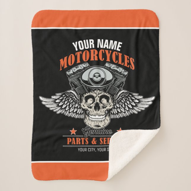 Personalized Biker Flying Skull Motorcycle Shop  Sherpa Blanket (Front)